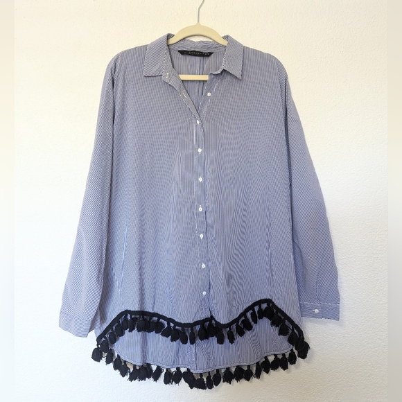 Zara Tops - Zara Poplin Pom Pom Oversized Stripe Button Up Top XL black blue